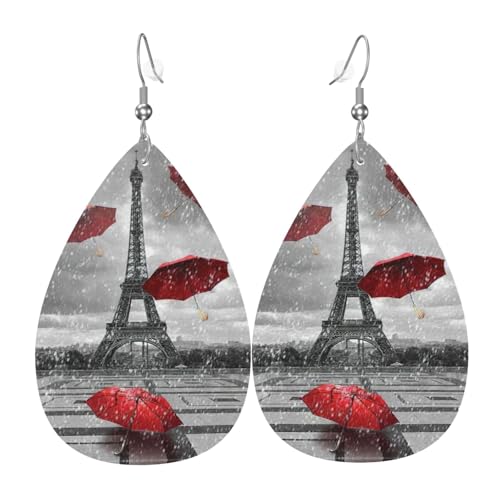 Eiffelturm Roter Regenschirm Teardrop Leder Ohrringe Damen Druck Anhänger mit Haken Mode Vintage Party Alltag, Einheitsgröße, Leder von FHIZOAL
