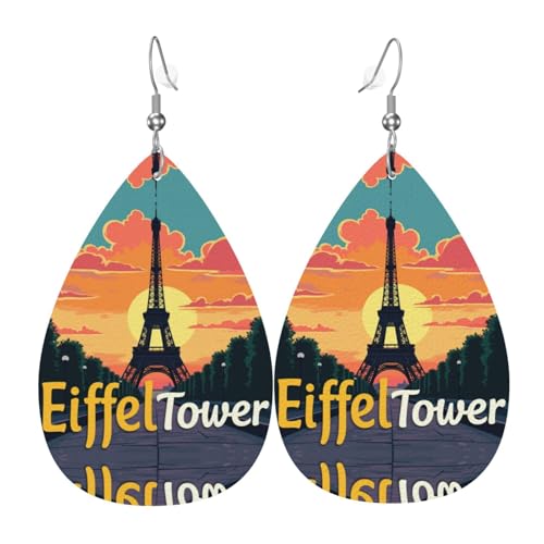 Eiffelturm Sonnenuntergang Szene Kunst Teardrop Leder Ohrringe Damen Druck Anhänger mit Haken Mode Vintage Party Alltag, Einheitsgröße, Leder Eiffelturm Sonnenuntergang Szene Kunst Teardrop Leder Ohrringe Damen Druck Anhänger mit Haken Mode Vintage Party Alltag, Einheitsgröße, Leder von FHIZOAL