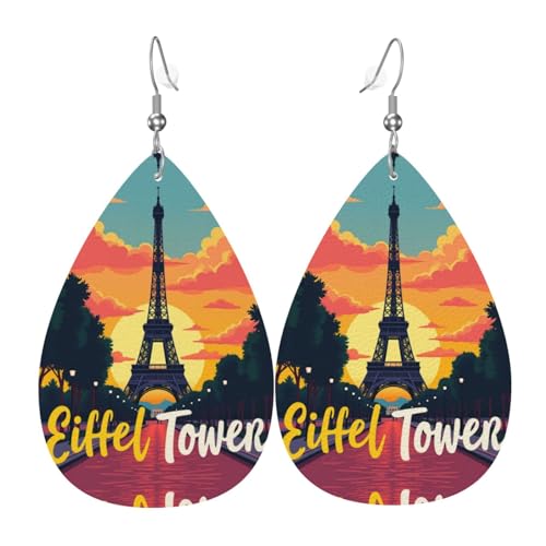 Eiffelturm Sonnenuntergang Weg Teardrop Leder Ohrringe Damen Druck Anhänger mit Haken Mode Vintage Party Alltag, Einheitsgröße, Leder Eiffelturm Sonnenuntergang Weg Teardrop Leder Ohrringe Damen Druck Anhänger mit Haken Mode Vintage Party Alltag, Einheitsgröße, Leder von FHIZOAL