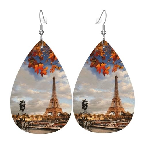 Eiffelturm Teardrop Leder Ohrringe Damen Druck Anhänger mit Haken Mode Vintage Party Alltag, Einheitsgröße, Leder von FHIZOAL
