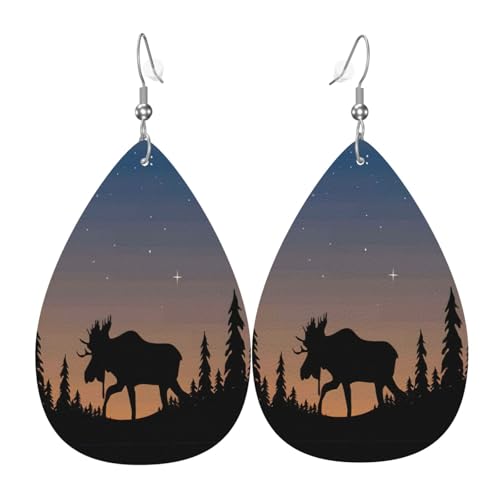 Elch Berg Kiefer Wildnis Teardrop Leder Ohrringe Damen Druck Anhänger mit Haken Mode Vintage Party Alltag, Einheitsgröße, Leder Elch Berg Kiefer Wildnis Teardrop Leder Ohrringe Damen Druck Anhänger mit Haken Mode Vintage Party Alltag, Einheitsgröße, Leder von FHIZOAL