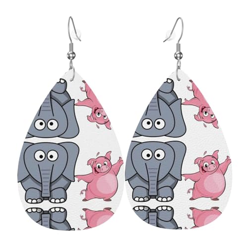 Elefant und Schweinchen Teardrop Leder Ohrringe Damen Druck Anhänger mit Haken Mode Vintage Party Alltag, Einheitsgröße, Leder Elefant und Schweinchen Teardrop Leder Ohrringe Damen Druck Anhänger mit Haken Mode Vintage Party Alltag, Einheitsgröße, Leder von FHIZOAL