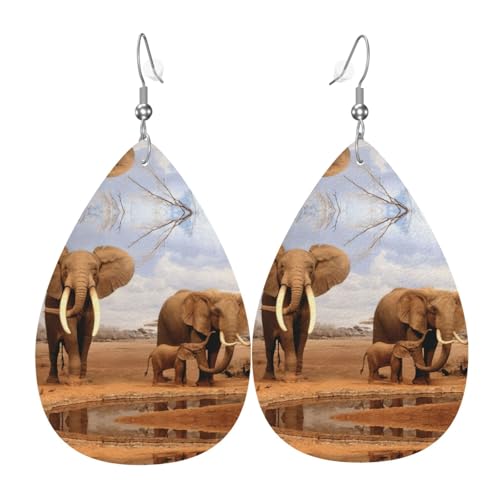Elefantenfamilie Teardrop Leder Ohrringe Damen Druck Anhänger mit Haken Mode Vintage Party Alltag, Einheitsgröße, Leder von FHIZOAL