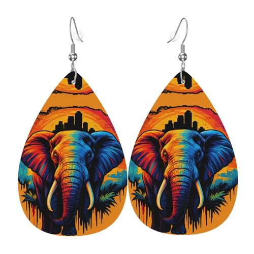 Energetic Elefant Teardrop Leder Ohrringe Damen Druck Anhänger mit Haken Mode Vintage Party Alltag, Einheitsgröße, Leder von FHIZOAL