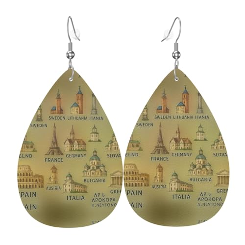 Europäische Wahrzeichen illustrieren Teardrop Leder Ohrringe Damen Druck Anhänger mit Haken Mode Vintage Party Alltag, Einheitsgröße, Leder von FHIZOAL