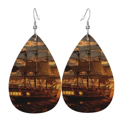 Fantasy Piratenschiff Teardrop Leder Ohrringe Damen Druck Anhänger mit Haken Mode Vintage Party Alltag, Einheitsgröße, Leder Fantasy Piratenschiff Teardrop Leder Ohrringe Damen Druck Anhänger mit Haken Mode Vintage Party Alltag, Einheitsgröße, Leder von FHIZOAL