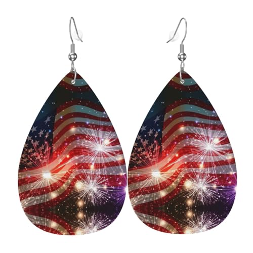 Feuerwerk Amerikanische Flagge Leuchtende Tropfen Leder Ohrringe Damen Druck Anhänger mit Haken Mode Vintage Party Alltag, Einheitsgröße, Leder von FHIZOAL