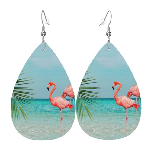 Flamingo im Wasser Tropfenform Leder Ohrringe Damen Druck Anhänger mit Haken Mode Vintage Party Alltag, Einheitsgröße, Leder von FHIZOAL