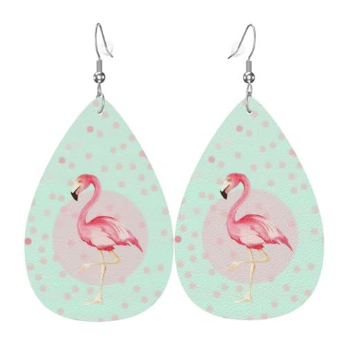 Flamingos Teardrop Leder Ohrringe Damen Druck Anhänger mit Haken Mode Vintage Party Alltag, Einheitsgröße, Leder von FHIZOAL