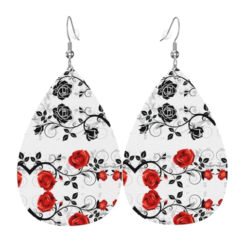 Floral Rose Efeu mit Blättern Frühling Teardrop Leder Ohrringe Damen Druck Anhänger mit Haken Mode Vintage Party Alltag, Einheitsgröße, Leder Floral Rose Efeu mit Blättern Frühling Teardrop Leder Ohrringe Damen Druck Anhänger mit Haken Mode Vintage Party Alltag, Einheitsgröße, Leder von FHIZOAL