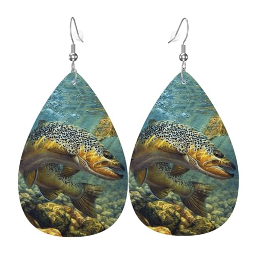 Fly Fish Teardrop Leder Ohrringe Damen Druck Anhänger mit Haken Mode Vintage Party Alltag, Einheitsgröße, Leder von FHIZOAL