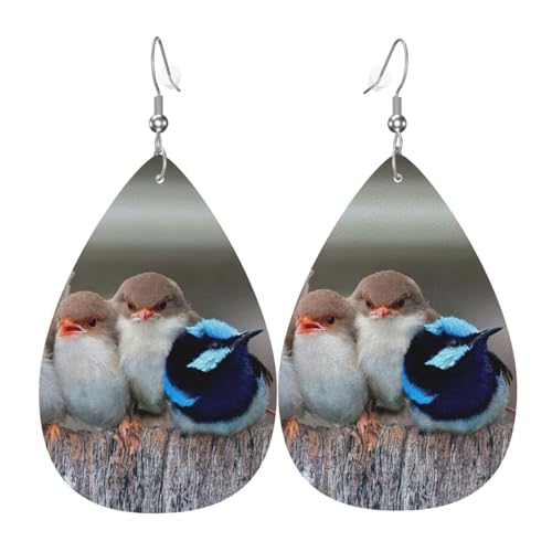 Four Birds Teardrop Leder Ohrringe Damen Druck Anhänger mit Haken Mode Vintage Party Alltag, Einheitsgröße, Leder von FHIZOAL