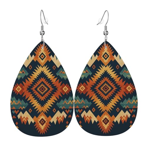Geometrische Stämme Teardrop Leder Ohrringe Damen Druck Anhänger mit Haken Mode Vintage Party Alltag, Einheitsgröße, Leder von FHIZOAL
