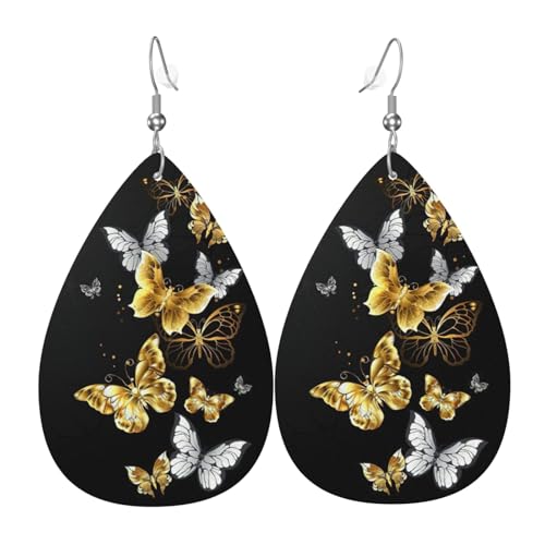 Gold Weiß Schmetterlinge Schwarz Tropfen Leder Ohrringe Damen Druck Anhänger mit Haken Mode Vintage Party Alltag, Einheitsgröße, Leder von FHIZOAL