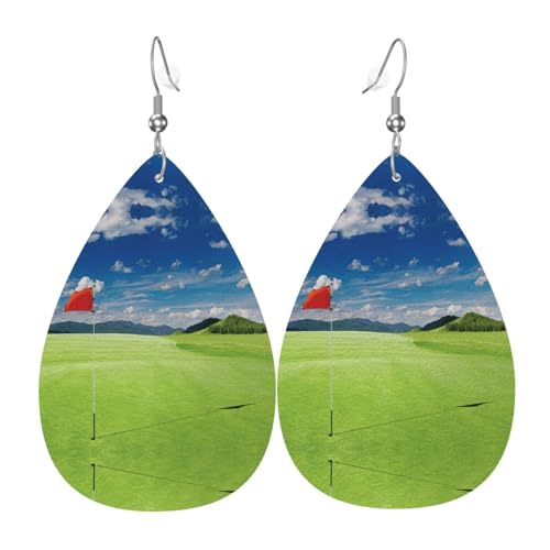 Golf-Feld mit Flagge im Loch, Teardrop Leder Ohrringe Damen Druck Anhänger mit Haken Mode Vintage Party Alltag, Einheitsgröße, Leder von FHIZOAL