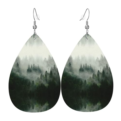 Green Tree Misty Landschaft Teardrop Leder Ohrringe Damen Print Anhänger mit Haken Mode Vintage Party Alltag, Einheitsgröße, Leder Green Tree Misty Landschaft Teardrop Leder Ohrringe Damen Print Anhänger mit Haken Mode Vintage Party Alltag, Einheitsgröße, Leder von FHIZOAL