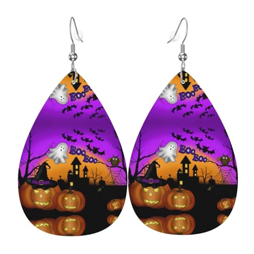 Halloween Eule Geist Kürbis Teardrop Leder Ohrringe Damen Druck Anhänger mit Haken Mode Vintage Party Alltag, Einheitsgröße, Leder Halloween Eule Geist Kürbis Teardrop Leder Ohrringe Damen Druck Anhänger mit Haken Mode Vintage Party Alltag, Einheitsgröße, Leder von FHIZOAL