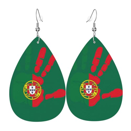 Handabdruck über Portugal Flagge Teardrop Leder Ohrringe Damen Druck Anhänger mit Haken Mode Vintage Party Alltag, Einheitsgröße, Leder von FHIZOAL
