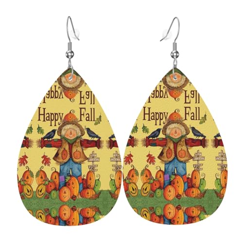 Happy Fall Teardrop Leder Ohrringe Damen Druck Anhänger mit Haken Mode Vintage Party Alltag, Einheitsgröße, Leder von FHIZOAL