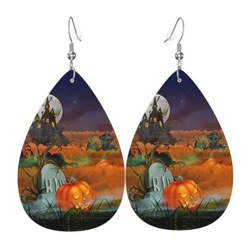 Happy-Halloween-Vector Teardrop Leder Ohrringe Damen Druck Anhänger mit Haken Mode Vintage Party Alltag, Einheitsgröße, Leder von FHIZOAL