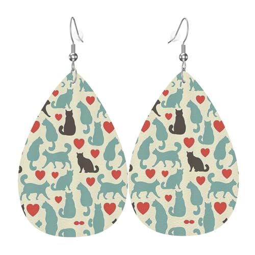 Happy Walking Kitty Teardrop Leder Ohrringe Damen Druck Anhänger mit Haken Mode Vintage Party Alltag, Einheitsgröße, Leder Happy Walking Kitty Teardrop Leder Ohrringe Damen Druck Anhänger mit Haken Mode Vintage Party Alltag, Einheitsgröße, Leder von FHIZOAL