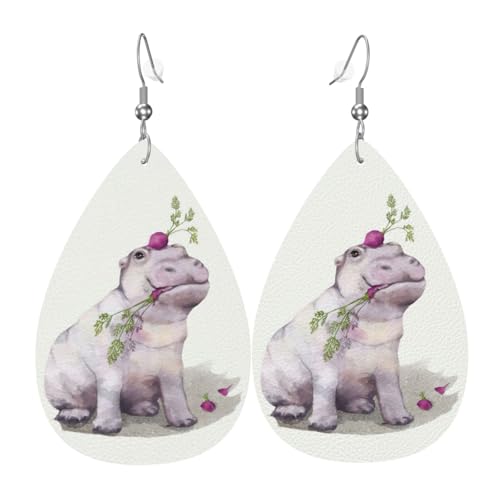 Hipopotamos Teardrop Leder Ohrringe Damen Druck Anhänger mit Haken Mode Vintage Party Alltag, Einheitsgröße, Leder von FHIZOAL