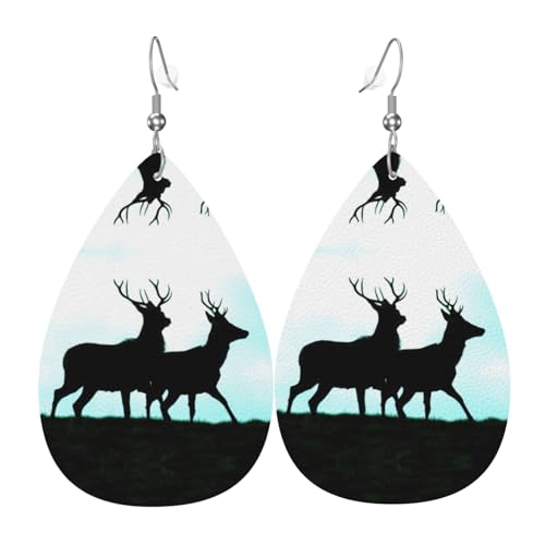 Hirsch Teardrop Leder Ohrringe Damen Druck Anhänger mit Haken Mode Vintage Party Alltag, Einheitsgröße, Leder von FHIZOAL