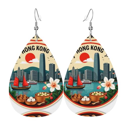 Hong Kong Cityscape Teardrop Leder Ohrringe Damen Druck Anhänger mit Haken Mode Vintage Party Alltag, Einheitsgröße, Leder von FHIZOAL
