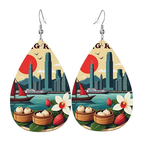 Hongkong Stadtbild mit Boot Teardrop Leder Ohrringe Damen Druck Anhänger mit Haken Mode Vintage Party Alltag, Einheitsgröße, Leder Hongkong Stadtbild mit Boot Teardrop Leder Ohrringe Damen Druck Anhänger mit Haken Mode Vintage Party Alltag, Einheitsgröße, Leder von FHIZOAL
