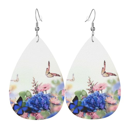 Hortensien Gänseblümchen Schmetterlinge Teardrop Leder Ohrringe Damen Druck Anhänger mit Haken Mode Vintage Party Alltag, Einheitsgröße, Leder Hortensien Gänseblümchen Schmetterlinge Teardrop Leder Ohrringe Damen Druck Anhänger mit Haken Mode Vintage Party Alltag, Einheitsgröße, Leder von FHIZOAL