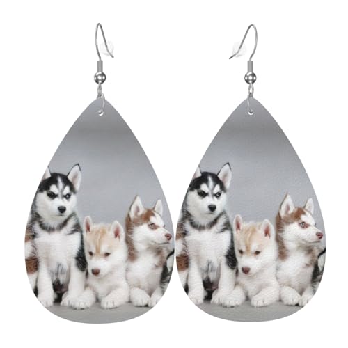 Husky Puppies Dogs Teardrop Leder Ohrringe Damen Print Anhänger mit Haken Mode Vintage Party Alltag, Einheitsgröße, Leder von FHIZOAL
