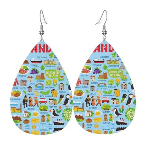 Irland Karte mit Icons Teardrop Leder Ohrringe Damen Druck Anhänger mit Haken Mode Vintage Party Alltag, Einheitsgröße, Leder Irland Karte mit Icons Teardrop Leder Ohrringe Damen Druck Anhänger mit Haken Mode Vintage Party Alltag, Einheitsgröße, Leder von FHIZOAL