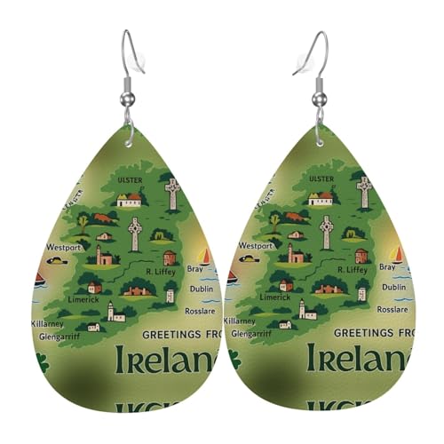 Irland Karte mit Sehenswürdigkeiten Teardrop Leder Ohrringe Damen Druck Anhänger mit Haken Mode Vintage Party Alltag, Einheitsgröße, Leder von FHIZOAL