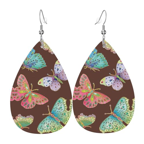 Jeweled Butterflies Teardrop Leather Earrings Ladies Print Pendant With Hook Fashion Vintage Party Daily Wear, Einheitsgröße, Leder von FHIZOAL