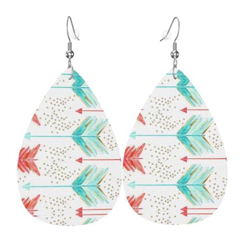 Koralle und blaugrüne Pfeile Teardrop Leder Ohrringe Damen Druck Anhänger mit Haken Mode Vintage Party Alltag, Einheitsgröße, Leder von FHIZOAL