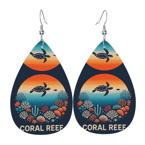 Korallenriff Teardrop Leder Ohrringe Damen Druck Anhänger mit Haken Mode Vintage Party Alltag, Einheitsgröße, Leder von FHIZOAL