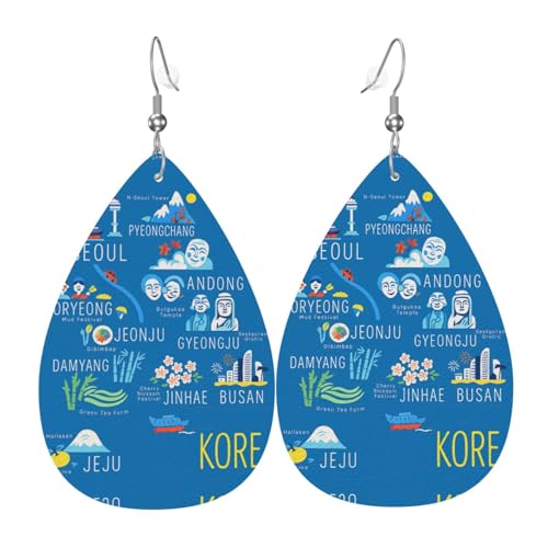 Koreanische Städte und Sehenswürdigkeiten Teardrop Leder Ohrringe Damen Druck Anhänger mit Haken Mode Vintage Party Alltag, Einheitsgröße, Leder von FHIZOAL