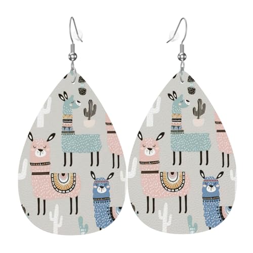 Lama Kaktus Teardrop Leder Ohrringe Damen Druck Anhänger mit Haken Mode Vintage Party Alltag, Einheitsgröße, Leder von FHIZOAL
