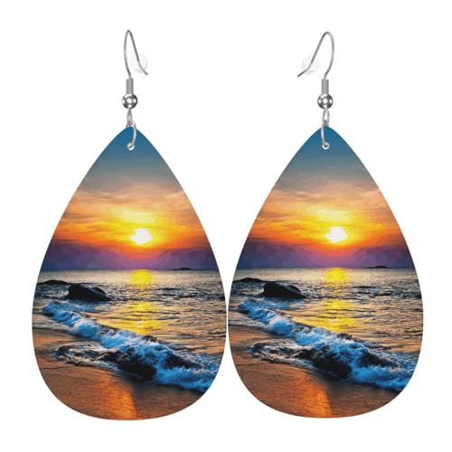 Last Sun Rays Of Over The Sea Waves Teardrop Leather Earrings Ladies Print Pendant With Hook Fashion Vintage Party Daily Wear, Einheitsgröße, Leder von FHIZOAL