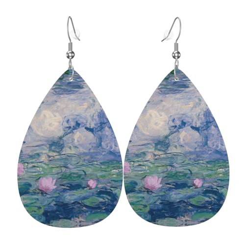 Lotus Ölgemälde Teardrop Leder Ohrringe Damen Druck Anhänger mit Haken Mode Vintage Party Alltag, Einheitsgröße, Leder von FHIZOAL