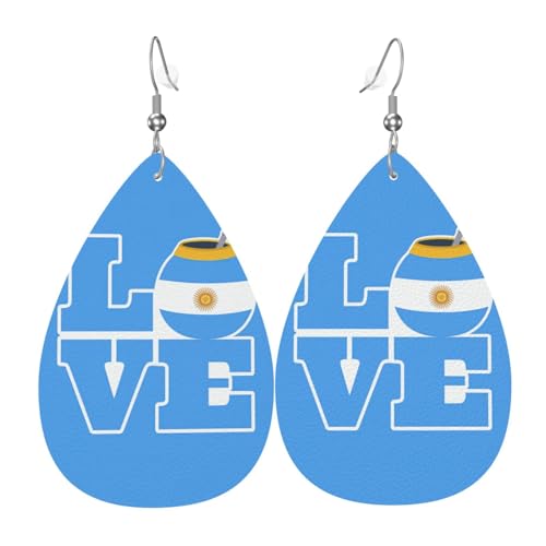 Love Argentinien Flagge Teardrop Leder Ohrringe Damen Druck Anhänger mit Haken Mode Vintage Party Alltag, Einheitsgröße, Leder von FHIZOAL