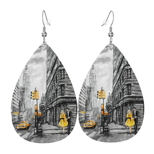 Love From New York Teardrop Leder Ohrringe Damen Druck Anhänger mit Haken Mode Vintage Party Alltag, Einheitsgröße, Leder von FHIZOAL