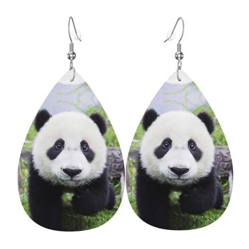 Lovely Panda Walking On The Grassland Teardrop Leather Earrings Ladies Print Pendant With Hook Fashion Vintage Party Daily Wear, Einheitsgröße, Leder von FHIZOAL