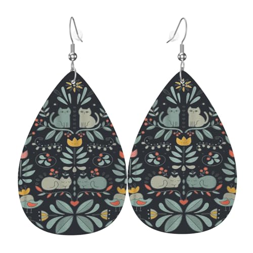 Lustige Katzen Vögel und Blumen Teardrop Leder Ohrringe Damen Druck Anhänger mit Haken Mode Vintage Party Alltag, Einheitsgröße, Leder von FHIZOAL