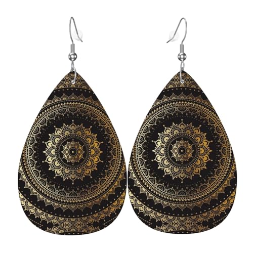 Mandala Teardrop Leder Ohrringe Damen Druck Anhänger mit Haken Mode Vintage Party Alltag, Einheitsgröße, Leder von FHIZOAL