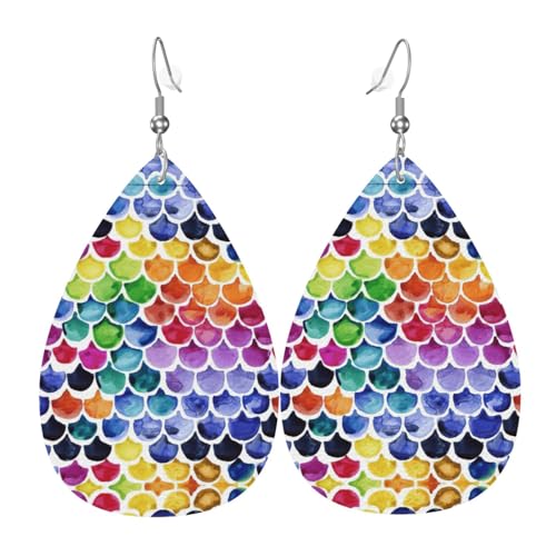 Meerjungfrau Fischschuppen Teardrop Leder Ohrringe Damen Druck Anhänger mit Haken Mode Vintage Party Alltag, Einheitsgröße, Leder Meerjungfrau Fischschuppen Teardrop Leder Ohrringe Damen Druck Anhänger mit Haken Mode Vintage Party Alltag, Einheitsgröße, Leder von FHIZOAL