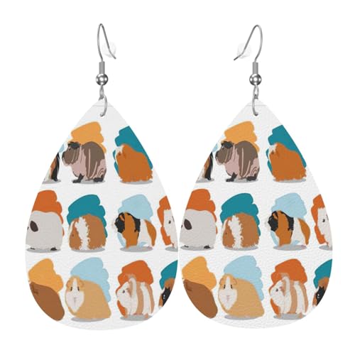 Meerschweinchen-Illustration Teardrop Leder Ohrringe Damen Druck Anhänger mit Haken Mode Vintage Party Alltag, Einheitsgröße, Leder von FHIZOAL