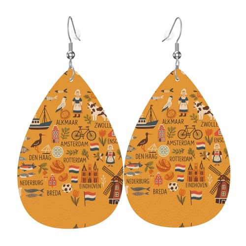 Niederländische Kultur Symbole Karte des Teardrop Leder Ohrringe Damen Druck Anhänger mit Haken Mode Vintage Party Alltag, Einheitsgröße, Leder Niederländische Kultur Symbole Karte des Teardrop Leder Ohrringe Damen Druck Anhänger mit Haken Mode Vintage Party Alltag, Einheitsgröße, Leder von FHIZOAL