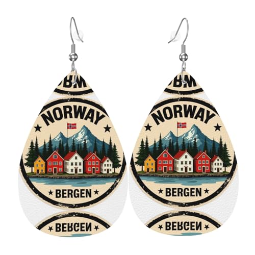 Norwegen Bergen Häuser Berge Teardrop Leder Ohrringe Damen Druck Anhänger mit Haken Mode Vintage Party Alltag, Einheitsgröße, Leder von FHIZOAL