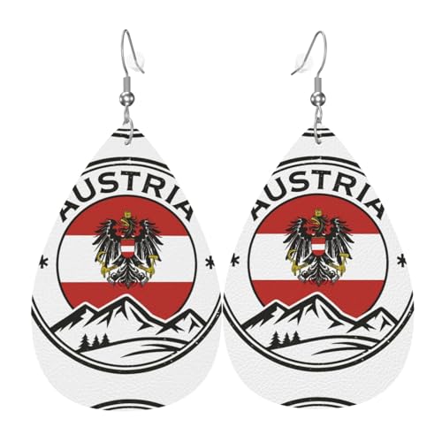 Österreich Emblem Teardrop Leder Ohrringe Damen Druck Anhänger mit Haken Mode Vintage Party Alltag, Einheitsgröße, Leder von FHIZOAL